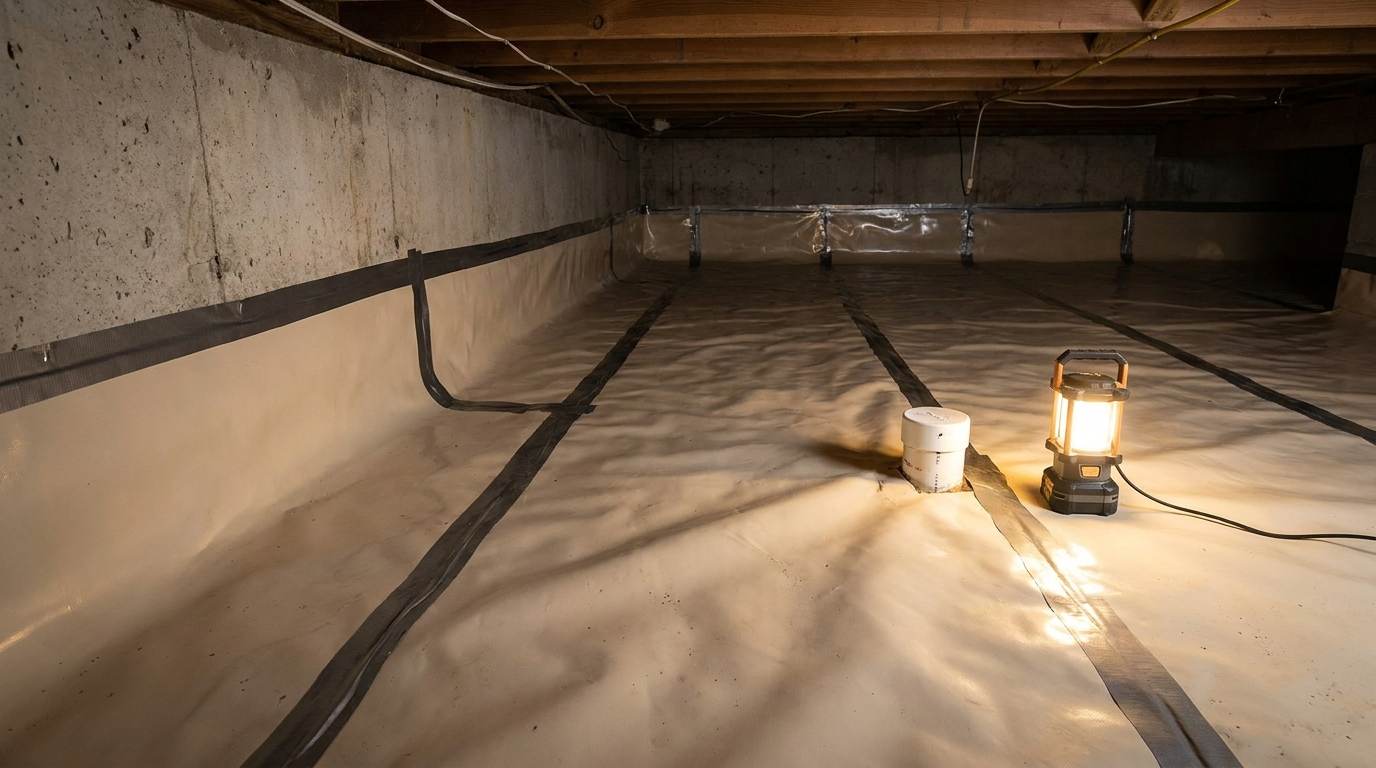 Sealed vapor barrier in a crawl space